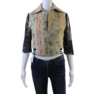 Frederick Anderson Womens Zip Up Lace Sleeve Metallic Knit Jacket Brown Size 2